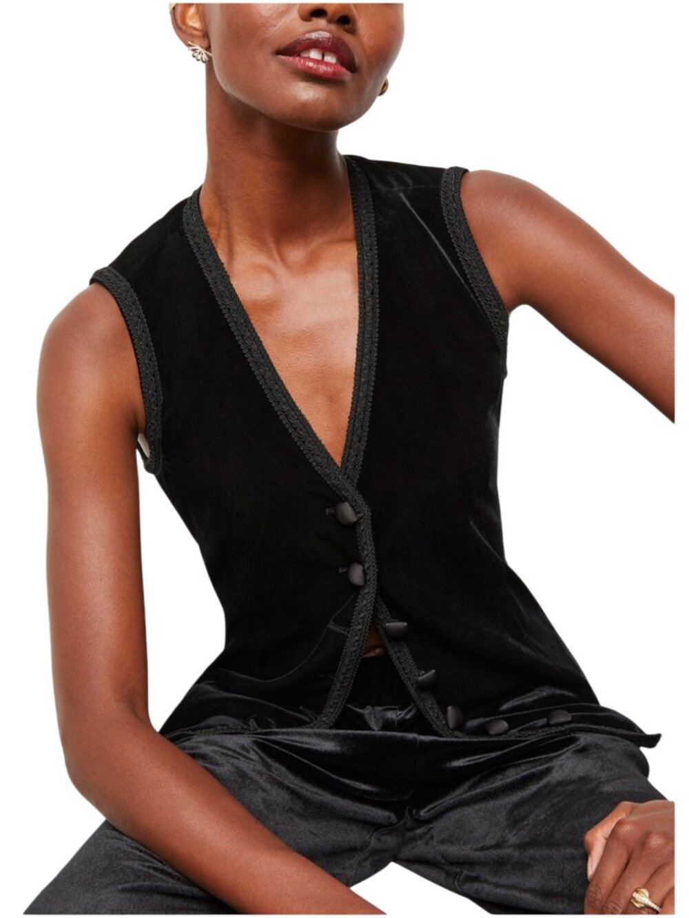 Ciao Lucia Constanza Top black size M medium velvet vest button up braided
